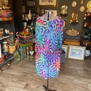 London Times Sz 12 Tropical Print Gathered Waist Midi Dress 3/4 Length Sleeve